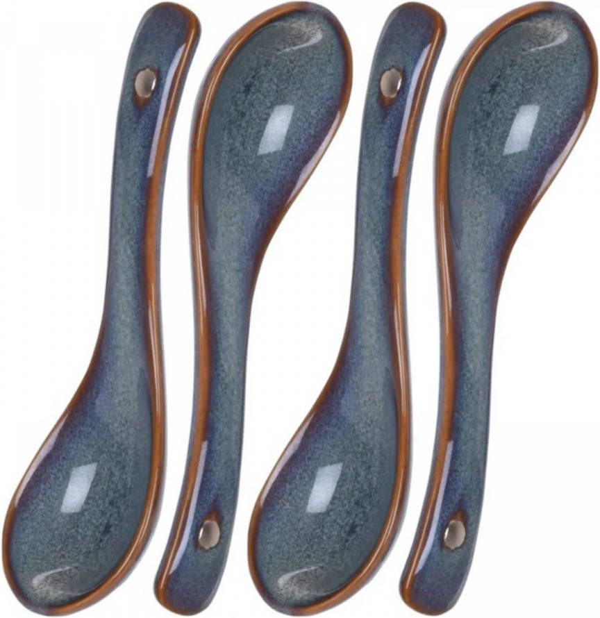 Excellent Houseware 4x Stuks Soeplepels Blauw 14 Cm Van Aardewerk Soeplepels
