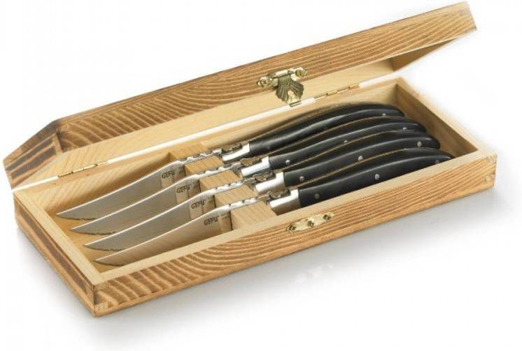 GEFU Steakbestek Basco Messenstaal, 4 delig, in chique grenenhouten box(set, 4 delig )